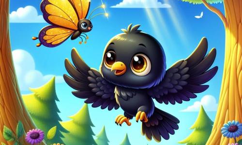 Un corbeau aux plumes noires brillantes et aux yeux joyeux s'envole dans le ciel bleu, déterminé et heureux, ses ailes capturant la lumière du soleil. À ses côtés, un papillon doré aux ailes scintillantes danse dans l'air, invitant le corbeau à jouer. La scène se déroule dans une forêt enchantée, où de grands arbres se dressent et des fleurs colorées ajoutent des touches vives au tableau. Coco le corbeau vole haut, jouant avec son ami le papillon tout en explorant la beauté de la forêt.