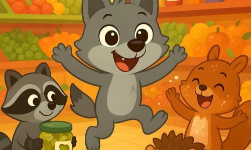 Un petit loup gris nommé Loupi, avec de grands yeux malicieux et un sourire éclatant, se tient au centre d'une épicerie, entouré de pots de confiture et de fruits colorés. Il saute de joie, les pattes levées, avec une expression d'excitation. À sa droite, Biscotte l'écureuil, mignon avec sa fourrure brune et sa queue touffue, est couvert de farine, riant aux éclats. À gauche, Ronchon le raton laveur, avec son masque noir, tient un pot de cornichons, perplexe mais amusé. Minus, le petit hérisson, est caché sous des bonbons, la bouche pleine de fraises tagada, surpris et souriant. L'épicerie est colorée, remplie de fruits, légumes et bonbons, avec une atmosphère joyeuse. Loupi et ses amis préparent un goûter, riant et jouant ensemble, illustrant une belle amitié pleine de complicité.