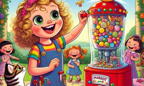 Margot, une jeune femme pétillante aux cheveux bouclés, porte une salopette colorée pleine d'outils. Elle sourit en appuyant sur un bouton rouge de sa machine à bonbons, tandis que des bonbons colorés volent autour d'elle. À ses côtés, Biscuit, son petit chat tigré, observe un bonbon en forme de canard qui vient de tomber. Un groupe d'enfants de 6 à 10 ans les entoure, émerveillés et riant, certains tendant les bras pour attraper les bonbons. La scène se déroule dans le jardin de Margot, rempli de fleurs et de jouets, avec une machine à bonbons ornée de lumières clignotantes en arrière-plan, créant une atmosphère magique et ludique.