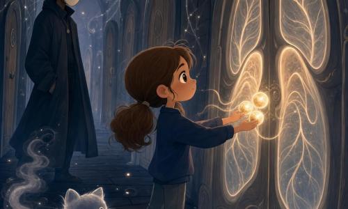 Lila, 10 ans, anxieuse mais courageuse, visage rond, taches de rousseur, cheveux châtain en deux couettes et grands yeux brillants, tient devant elle trois petites boules lumineuses flottantes, paumes ouvertes et posture décidée ; derrière elle, le Gardien des Sursauts, grand et mince d’une cinquantaine d’années, vêtu d’un long manteau sombre et d’un chapeau large, le visage caché par un masque pâle, l’observe en retrait, bras croisés, bienveillant ; un chat de fumée noir et vaporeux, sans yeux mais au sourire flou, se pelotonne à ses pieds ; le lieu est un couloir étroit et onirique aux planches de bois noires, murs couverts de fils de lumière argentés et portes anciennes à étiquettes manuscrites, sol qui chuchote et ampoule suspendue clignotante ; Lila appuie les trois boules contre une grande porte en bois qui « respire », le bois ondulant comme des poumons ; ambiance légèrement effrayante mais chaleureuse, contrastes doux et palette de bleus nuit, gris ardoise et touches dorées, composition centrée sur la rencontre entre Lila et la porte avec des expressions rassurantes.
