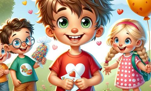 Un garçon de 8 ans, Antoine, sourit au centre de l'image. Il a des cheveux bruns en bataille, des yeux curieux et porte un t-shirt rouge avec un cœur blanc et un short bleu. Il tient une lettre colorée. À sa droite, Léa, également âgée de 8 ans, a des cheveux blonds tressés et tient un sachet de bonbons en forme de cœurs, vêtue d'une robe rose à pois blancs. À sa gauche, Lucas, avec des cheveux châtains et des lunettes, gonfle un ballon jaune, portant un t-shirt vert et un short orange. La scène se déroule dans un parc ensoleillé, décoré de fleurs et de ballons, sous un ciel bleu clair. Ils s'apprêtent à célébrer la Saint-Valentin, illustrant l'esprit de l'amitié et de la joie.