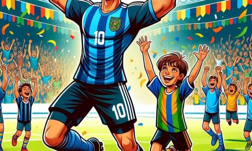 Maxime Lefort, un homme athlétique d'une trentaine d'années, célèbre un but sur le terrain de football, les bras levés et un large sourire. Il porte un maillot bleu avec le numéro 10, des shorts noirs et des chaussures de foot, avec des gouttes de sueur sur le front. À ses côtés, Lucas, un garçon de dix ans aux cheveux châtains, saute de joie avec un t-shirt de son équipe favorite, entouré de ses amis souriants en maillots colorés. Le stade est vibrant, rempli de supporters joyeux brandissant des drapeaux et des bannières, tandis que des confettis flottent dans l'air. L'ambiance festive et euphorique souligne la joie et l'esprit d'équipe.