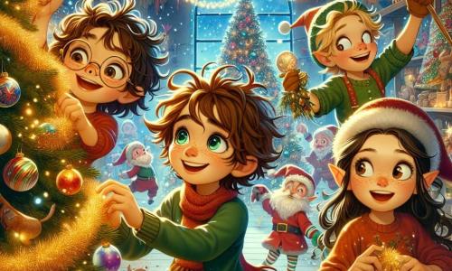 Au centre de l'image, Maxime, un garçon de neuf ans aux cheveux ébouriffés, décore un sapin de Noël avec des guirlandes scintillantes. À sa droite, Clara, une fille aux cheveux bruns et bouclés, sourit en tenant une boule en verre, prête à l'accrocher. À gauche, Lucas, un garçon aux lunettes rondes, rit en tenant une guirlande dorée, tandis qu'Émilie, une fille aux cheveux raides et noirs, les observe avec émerveillement, tenant un paquet cadeau. Le décor est féérique, un atelier magique au Pays des Lutins, rempli de jouets colorés et de lutins joyeux, avec des flocons de neige tombant doucement. Les quatre amis travaillent ensemble pour décorer le sapin, entourés de lutins dansants, célébrant la magie de Noël et l'esprit d'amitié.