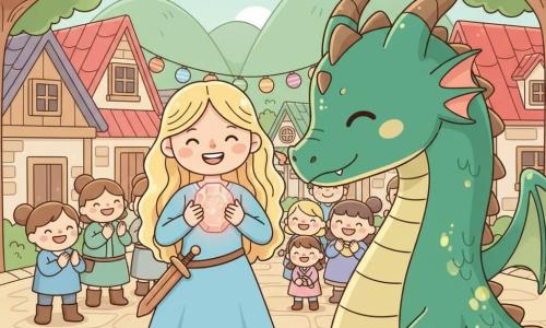 Elara, une fillette d'environ 12 ans souriante, tient au centre une pierre lumineuse rose-orangé qui scintille et éclaire doucement les visages ; elle a de longs cheveux blonds ondulés, une robe bleu ciel, des bottes en cuir et une petite épée en bois à la ceinture. À sa droite marche Drako, un grand dragon ami aux écailles vert émeraude et au museau fumant, inclinant la tête vers elle. En arrière-plan, des villageois ronds et joyeux applaudissent devant des maisons en bois aux toits rouges sur une place bordée de collines et d'arbres à feuilles étoilées ; l'ambiance est en couleurs pastel vives, contours arrondis, textures propres et arrière-plan légèrement flou, la lumière centrée sur la pierre pour focaliser l'attention.