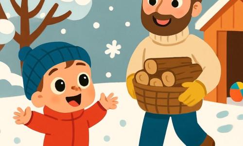 Un petit garçon de 2 ans, avec de grands yeux brillants et un sourire éclatant, porte une combinaison rouge et un bonnet bleu. Il ramasse des flocons de neige avec ses petites mains, plein de joie. À côté de lui, son père, un homme d'une trentaine d'années avec une barbe brune et un pull beige, sourit en tenant un panier de bûches. Ils sont dans un jardin enneigé, entourés d'arbres couverts de neige et de flocons tombant du ciel gris. La scène capture le bonheur simple de l'hiver, avec des traces de pas dans la neige et des jouets colorés dans un cabanon en bois.