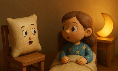 Zoé, une fille de 12 ans, est allongée dans son lit, les yeux grands ouverts, en pyjama bleu avec des étoiles dorées. Un coussin décoratif brodé 