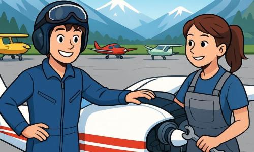 Un homme, Paul, pilote d’avion de montagne, se tient sur le tarmac, souriant avec fierté, vêtu d'un casque et d'une combinaison bleue. À ses côtés, Lucie, mécanicienne d’environ 30 ans, inspecte le moteur de l’avion. Le cadre est un aérodrome de montagne, entouré de montagnes enneigées et sous un ciel bleu clair. Paul et Lucie préparent l’avion pour le vol, concentrés et heureux de travailler ensemble.