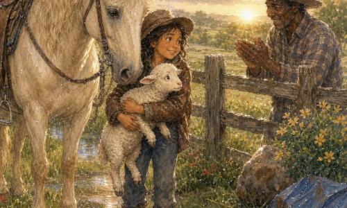 Lena, environ 10 ans, visage souriant et déterminé, chapeau brun de travers, veste en cuir et bottes poussiéreuses, serre contre elle un petit mouton blanc tremblant aux yeux apeurés; à côté, le grand cheval crème Petit Nuage, crinière ondulée et regard tendre, porte une selle propre; derrière une barrière en bois usée, le berger d'une quarantaine d'années, ridé et souriant, applaudit; lieu : grande prairie fleurie après la pluie, soleil bas doré perçant les nuages, gouttes brillantes sur la fourrure et la bâche humide, ambiance calme et réconfortante, style aquarelle avec rehauts blancs pour les reflets.