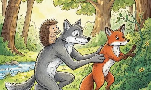 Léo, un loup gris au pelage doux, s'agenouille pour dégager des branches d'un fourré épineux ; Henri, petit hérisson brun aux piquants brillants, est perché sur son dos et applaudit timidement ; Romain, renard roux au museau fin, est coincé dans un buisson d'épines, appuyé contre les ronces avec un air honteux et le pelage froissé. La scène se déroule dans une clairière ensoleillée avec herbe verte et fleurs jaunes, un ruisseau à gauche et un grand chêne au loin ; style encre colorée avec lavis verts et ocres, contours noirs, lumière chaude et textures accentuées.