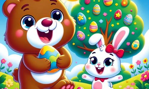 Un petit ours brun nommé Max, avec un pelage doux et des yeux pétillants de joie, se tient dans un jardin ensoleillé, souriant et tenant un œuf coloré. À côté de lui, une lapine blanche aux grandes oreilles, avec un nœud rouge autour du cou, saute de joie, ses yeux brillants d'excitation. En arrière-plan, un arbre majestueux avec des fleurs roses et des œufs de Pâques accrochés aux branches, sous un ciel bleu clair. Max, tout heureux, vient de découvrir un œuf brillant sous l'arbre, prêt à le montrer à sa famille qui l'observe avec émerveillement.