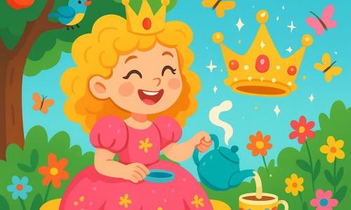 La princesse Mirabelle, jeune fille aux cheveux dorés et bouclés, porte une robe rose pétale ornée de fleurs scintillantes. Elle sourit joyeusement, assise sur un banc sous un pommier chargé de fruits, versant de l'eau chaude dans une tasse décorée. À côté d'elle, une couronne magique flotte, brillando de perles et de fleurs, semblant rire et plaisanter avec Mirabelle. Le jardin enchanteur est rempli de fleurs éclatantes, de papillons multicolores et d'un ciel bleu parsemé de nuages en forme de bonbons. Mirabelle prépare une tisane magique, entourée de rires et de douceurs, tandis que la couronne fait des blagues et que les oiseaux chantent joyeusement.