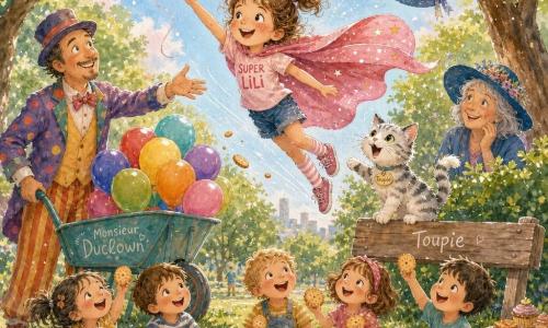 Super Lili, fillette malicieuse et souriante aux taches de rousseur, cape rose au vent et baskets brillantes, saute pour attraper un ballon rouge tandis qu'à côté, le chat Toupie, petit et blanc rayé, pose ses pattes sur un banc en miaulant; Monsieur Duclown, grand quarantaine en costume coloré avec une brouette de ballons, le remercie de la gauche, Madame Chapeau, femme d'une soixantaine d'années au large chapeau bleu accroché à une branche, sourit depuis un buisson à droite, et plusieurs enfants de 4 à 6 ans rient sur une nappe à pois en montrant des biscuits roulants dans un parc ensoleillé aux grands arbres, pelouse verte, ciel bleu avec quelques nuages roses, scène comique et dynamique accentuée par des traînées de peinture et des éclats blancs au stylo gel.