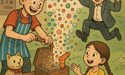 Un jeune inventeur d'environ 12–14 ans aux cheveux châtains en bataille, tablier rayé bleu et doigts tachés de colle, souriant, tire une poignée en cuivre fixée sur une boîte en bois d'où jaillissent confettis multicolores et bulles parfumées à la vanille; à droite, monsieur Boulard, homme d'environ 50 ans aux lunettes rondes et veste grise, glisse dramatiquement sur une bulle invisible, bras en l'air; devant la boîte, une fillette d'environ 7 ans aux tresses brunes et robe jaune tend les mains, émerveillée, une paire de chaussettes rayées tombe dans sa paume; à gauche, un chat en peluche beige avec nœud rouge posé sur un banc observe la scène; décor : petit jardin de banlieue enchanté avec herbe et fleurs sauvages, atelier en arrière-plan et lumière dorée du matin; instant dynamique et farfelu, explosion de confettis, bulles et chaussettes volantes, couleurs vives, traits légèrement grainés et éclairage doux et chaleureux.