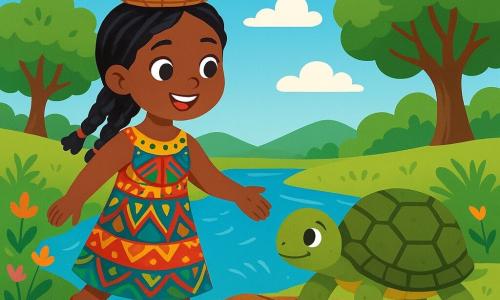 Amina, une jeune femme aux cheveux noirs tressés, sourit avec des yeux pétillants de joie. Elle porte une robe colorée aux motifs africains et un panier rond sur la tête, rempli de graines. À ses côtés, Yala, une tortue sage avec une carapace verte et brune, avance lentement, la regardant avec douceur. En arrière-plan, une rivière scintillante coule paisiblement, entourée de fleurs éclatantes et de grands arbres. Le ciel est bleu, parsemé de nuages blancs. La scène montre Amina et Yala traversant un pont de racines et de fleurs, tandis qu'une brise fait danser les feuilles. Amina tend la main vers Yala, prête à traverser ensemble, avec un sourire plein d'espoir.