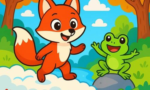 Un petit renard au pelage rouge vif, Lumo, se tient sur un pont de nuages moelleux, avec des yeux brillants d'émerveillement et un sourire courageux. Sa queue est droite et enjouée, flottant légèrement dans le vent. À proximité, une grenouille verte aux yeux ronds l'encourage, sautant sur un rocher avec enthousiasme. Le lieu est une forêt enchantée, avec des arbres majestueux, une rivière scintillante et des fleurs colorées. Le ciel est d'un bleu éclatant, parsemé de nuages blancs. Lumo traverse le pont de nuages, le cœur battant d'excitation, prêt à découvrir de nouveaux horizons.