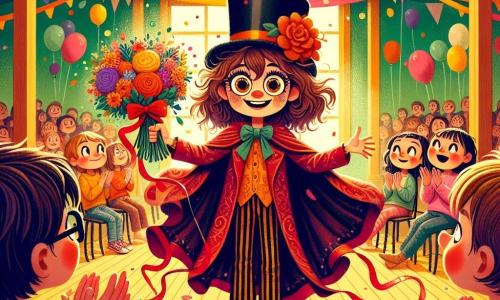 Léa, une fille de 12 ans aux cheveux en bataille et aux yeux malicieux, se tient sur scène avec un grand sourire. Elle porte un chapeau haut de forme noir trop grand et une cape en velours rouge. Ses mains sont levées, tenant un bouquet de fleurs colorées, et elle exprime excitation et joie. À ses côtés, Lucas, son ami de 10 ans aux cheveux bruns et lunettes rondes, applaudit, assis au premier rang, admiratif. La salle des fêtes est décorée de guirlandes et de ballons, avec des spectateurs captivés. Léa réalise un numéro de magie en faisant semblant de faire léviter un gâteau au chocolat, tandis qu'une pluie de chaussettes colorées s'échappe de son chapeau, ajoutant magie et humour.