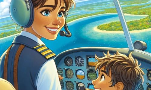 Une femme pilote, Camille, est dans le cockpit de son monomoteur coloré, le « Nimbus ». Elle a les cheveux bruns en chignon, porte une combinaison de pilote bleu marine et un casque. Son visage rayonne de joie et de détermination, alors qu'elle sourit en regardant par le hublot, émerveillée par le paysage en dessous. À ses côtés, Léo, un garçon de 10 ans aux cheveux en bataille et aux yeux pétillants, est assis dans le siège passager. Il est captivé par le vol, prêt à apprendre à piloter. Le ciel est bleu avec quelques nuages blancs, et en dessous se trouvent des paysages tropicaux : des îles verdoyantes et des plages dorées. Camille et Léo partagent un moment d'excitation en plein vol, prêts à explorer le monde.