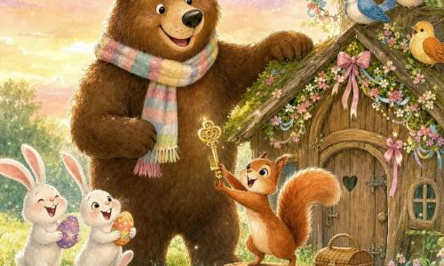 Barnabé, un gros ours brun au pelage doux souriant, se tient près d’une petite cabane en bois décorée, écharpe rayée pastel et patte posée sur la cabane, tandis que Noisette, un jeune écureuil roux aux grands yeux, brandit une petite clé dorée devant un panier fermé posé devant la porte; deux lapins blancs rieurs tiennent des œufs peints à gauche et des oiseaux multicolores perchés dans un grand chêne à droite tiennent de petites guirlandes florales; clairière ensoleillée à l’herbe parsemée de pâquerettes et ciel rosé de fin d’après‑midi, ambiance de fête, partage et émerveillement alors que l’on s’apprête à ouvrir le panier de chocolats.