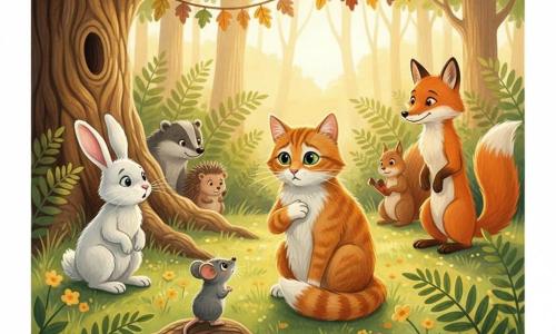 Un chat roux tigré aux yeux verts et moustaches blanches, assis au centre la queue enroulée et la patte sur le cœur, paraît contrit et doux, demandant pardon et invitant les animaux à une fête d'amitié; devant lui, une petite souris grise sur une racine l'observe méfiante, à gauche un lapin blanc aux longues oreilles est surpris mais curieux, à droite un renard roux, malicieux mais réservé, incline la tête; derrière, hérisson, écureuil et blaireau forment un demi-cercle dans une clairière en fin d'après-midi — herbe parsemée de fleurs jaunes, grandes fougères et un vieux chêne avec guirlandes de feuilles — baignée d'une lumière chaude de coucher de soleil, rendu en gouache aux coups de pinceau visibles et dégradés doux.
