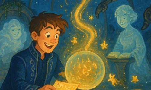 Milo, jeune homme souriant aux cheveux châtains en bataille, porte une veste de cuir bleue brodée d’argent et pose un parchemin runique lumineux devant une grande sphère de cristal flottante; Siren apparaît comme une matrice holographique féminine, silhouette de grand‑mère douce en robe translucide, flottant au‑dessus d’un pupitre et souriant; un golem de brume cotonneux, translucide et bienveillant, garde l’entrée tandis que plusieurs petits gardiens d’étoiles, créatures de la taille d’un chat, sautillent autour de la sphère en laissant des traînées lumineuses dorées; la scène se déroule dans une vaste salle ronde sous le dôme d’Aurélia aux murs transparents montrant des lunes lointaines, sols en mosaïque brillante, plantes suspendues et bras mécaniques runiques tenant la sphère; Milo active le cristal avec le parchemin, des lettres lumineuses s’échappent de la sphère et forment un pont d’ondes scintillantes vers le ciel, ambiance magique aux couleurs chaudes dorées et bleus profonds, textures gouache et traits doux et enfantins.