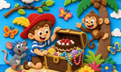 Léo, garçon d’environ 8 ans, souriant et émerveillé, agenouillé ouvrant un grand coffre en bois rempli de coquillages brillants, colliers de perles colorés et un gros gâteau au chocolat; à ses côtés Tom, un petit rat gris au bandana bleu, saute et applaudit; à droite Paco, un petit singe malin, grimpe un palmier en riant; au-dessus Zoé, une pie noire et blanche, est perchée en battant des ailes; décor : petite île colorée avec plage de sable crème, palmiers, grandes fleurs multicolores, papillons et ciel bleu; ambiance joyeuse, gestes exagérés, formes arrondies, couleurs vives, contours épais et texture type mousse EVA.