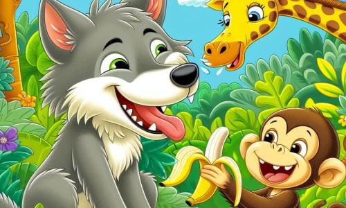 Un loup nommé Loulou, avec un pelage gris et des yeux malicieux, rit aux éclats, assis dans un buisson vert. À côté de lui, une girafe nommée Gina, avec un long cou et des taches dorées, se penche pour attraper une banane avec sa langue. Un petit singe nommé Max, aux poils bruns, est perché sur une branche au-dessus, riant tout en tenant une banane. Le décor est une jungle colorée du zoo, avec des arbres luxuriants, des fleurs éclatantes et un ciel bleu clair. La scène montre Loulou, Gina et Max partageant des rires et des bananes, illustrant une journée joyeuse et pleine de camaraderie.