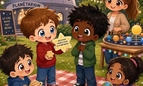 Lucas, 8 ans, rayonnant, cheveux bruns courts et taches de rousseur, offre une grosse invitation en forme d'étoile et tient un biscuit étoile; Max, aussi 8 ans, cheveux noirs en bataille, surpris et ému, les regarde souriant; une maman aux cheveux châtain clair en queue de cheval, souriante, tient un panier de pique-nique en arrière-plan; deux amis d'environ 8 ans rient et tiennent des biscuits en forme de planète assis sur une grande couverture à carreaux; le décor est le jardin d'un planétarium avec pelouse verte, dôme gris clair, maquette du système solaire sur une table en bois et guirlandes lumineuses; ambiance chaleureuse et joyeuse, couleurs pastel vives et style chibi kawaii.