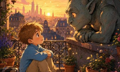 Un garçon de six ans aux cheveux châtains en bataille, visage rond et regard émerveillé, est assis au bord d'une terrasse urbaine fleurie, portant un pull bleu ciel et un pantalon beige, tenant ses genoux et regardant une gargouille de pierre gris-vert aux yeux ambrés légèrement lumineux, penchée vers lui de manière bienveillante; la terrasse, avec pots, quelques outils et une balustrade en fer forgé, offre une vue sur toits et gratte-ciel sous un coucher de soleil rosé et doré; la scène, baignée d'une lumière chaude de fin de journée, est calme et magique, ponctuée de petites étincelles lumineuses flottantes.