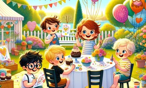 Dans un jardin ensoleillé, quatre garçons préparent une fête des mères. Léo, sept ans, tient des ballons colorés. Max, aussi sept ans, accroche des guirlandes en papier. Jules, six ans, dessine des cartes à une petite table. Tom, huit ans, décore une table avec des cupcakes colorés. Le jardin est rempli de fleurs, de guirlandes flottantes et de ballons. Les garçons rient et s'amusent, créant une atmosphère joyeuse pour surprendre leurs mamans.