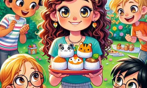 Léa, une petite fille de 11 ans aux cheveux châtains bouclés et aux yeux curieux, se tient au centre de l'image, souriante et enthousiaste, portant un t-shirt coloré et une jupe légère, avec une assiette d'onigiris en forme d'animaux à partager. À sa droite, Chloé, 10 ans, avec des cheveux blonds tressés et des lunettes rondes, admire Léa tout en tenant un onigiri. À gauche, Lucas, 11 ans, aux cheveux bruns en désordre, rit en mimant une danse japonaise, tandis que Simon, 10 ans, aux cheveux noirs et aux taches de rousseur, les observe en souriant, impatient de les rejoindre. La scène se déroule dans le jardin de Léa, décoré de lanternes colorées et de fleurs éclatantes sous un ciel bleu et ensoleillé, créant une ambiance joyeuse. Ils célèbrent leur journée japonaise en partageant des plats typiques, dansant et riant ensemble, remplis de joie et d'amitié.