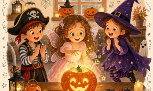 Fête d'Halloween intime : Lila, 6 ans, aux longs cheveux bouclés châtain clair et robe de fée rose pâle avec ailes scintillantes, émerveillée, tend la main vers une petite citrouille magique orange vif sculptée d'un visage souriant et émettant une douce lumière dorée; à gauche Tom, ~7 ans, déguisé en pirate avec chapeau noir et faux sabre, applaudit malicieusement; à droite Mia, 6 ans, en sorcière violette avec grand chapeau pointu, regarde la citrouille joyeuse; intérieur cosy décoré (guirlandes automnales, citrouilles sur le rebord, toiles d'araignée en papier, lumières chaudes), ambiance chaleureuse, couleurs automnales et traits de dessin enfantin.