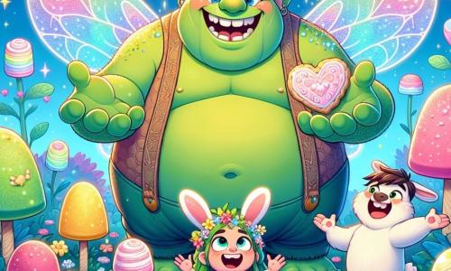 Un grand ogre au cœur tendre, avec une peau verte et des yeux pétillants de joie, se tient au centre d'un jardin en guimauve, entouré de fleurs colorées. Il sourit largement, les bras ouverts, prêt à recevoir un câlin. À sa droite, une petite fée nommée Lili, avec des ailes brillantes et une robe en pétales de fleurs, saute de joie, tenant un biscuit en forme de cœur. À sa gauche, Max le lapin, avec un pelage doux et de grandes oreilles, rit en tenant un autre biscuit. Le jardin est rempli de couleurs vives, avec des arbres en guimauve et des nuages en bonbons dans un ciel bleu éclatant. La scène montre le moment magique où Lili et Max surprennent leur papa ogre avec une fête des pères joyeuse, entourés de rires et d’amour.