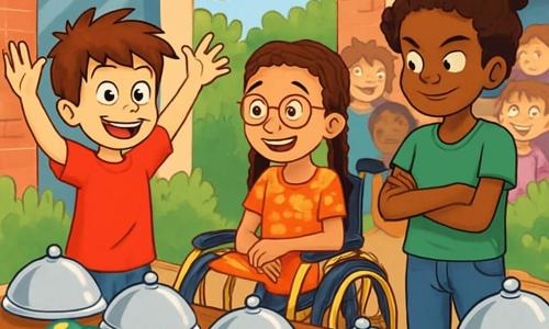 Il y a trois personnages : Milo, un garçon de 10 ans aux cheveux en bataille, souriant, en t-shirt rouge et short bleu, se tient à gauche, les bras levés. Zoé, une fille de 10 ans avec des tresses et des lunettes rondes, est assise dans un fauteuil roulant jaune, vêtue d'une robe à fleurs, souriant et encourageant Milo. Fatou, une fille de 11 ans aux cheveux crépus, énergique, porte un t-shirt vert et un jean, se tient à droite de Milo, les bras croisés, prête à goûter. La scène se déroule dans une cour derrière une épicerie, décorée de ballons en forme de fruits, avec une table en bois remplie de plats étranges sous des cloches argentées. Les enfants autour affichent curiosité et excitation. Les trois amis se préparent à goûter des plats improbables, avec des expressions de défi et de joie, Milo et Zoé échangent un regard complice, tandis que Fatou est prête à croquer dans un taco coloré.