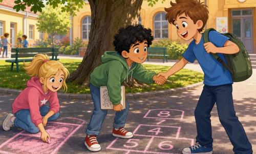 Léo, garçon de 10 ans au sourire confiant, mèche rebelle et t-shirt bleu, tend la main pour inviter Sami, garçon timide puis joyeux aux cheveux noirs bouclés et baskets rouges tenant un carnet de dessins, tandis que Maëlle, fille de 10 ans en queue de cheval, dessine une grande case rose à la craie ; scène de récréation sous un vieux marronnier sur bitume clair avec marelle rose, pelouse et bâtiment ocre, lumière douce de fin de matinée, ambiance chaleureuse et accueillante.
