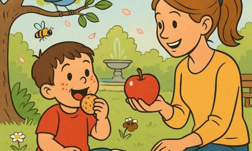 Garçon de 4 ans joyeux, cheveux bruns courts, joues rondes et taches de rousseur, mange un biscuit assis sur une couverture à carreaux rouge et blanc; sa mère d’environ 30 ans, souriante, châtain clair en queue de cheval, lui tend une pomme brillante; un petit oiseau bleu sur une branche basse du pommier et une abeille butinent à proximité; jardin de printemps sous un pommier en fleurs, herbe verte parsemée de pâquerettes, pétales roses tombant, fontaine lointaine et banc en bois; moment paisible de goûter baigné de lumière dorée.