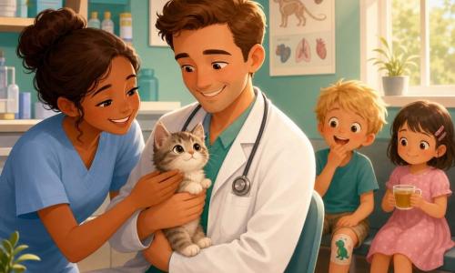 Un médecin d'une trentaine d'années, cheveux châtains courts et blouse blanche, tient tendrement un chaton au centre d'une petite clinique lumineuse aux murs vert d'eau pendant que son assistante d'environ 25 ans en uniforme bleu clair rit en le présentant; à l'arrière-plan, Timéo, garçon de 6 ans aux cheveux blonds en bataille et genou pansement, regarde émerveillé depuis la salle d'attente et Léa, fillette de 5 ans en robe rose, sourit en tenant une tasse; ambiance joyeuse, chaleureuse et réconfortante, couleurs douces, éclairage chaud, décor avec posters pour enfants, étagères colorées et plantes.