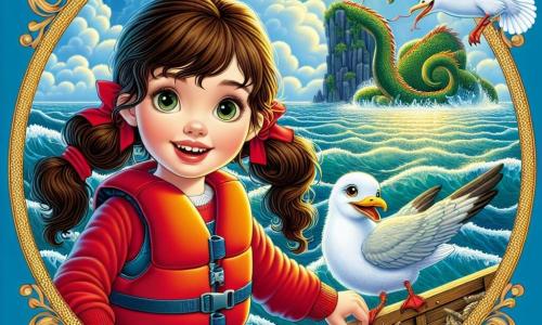 Au premier plan, Lili, une fille de 8 ans, se tient sur un petit bateau en bois, les yeux brillants d'excitation et de détermination. Elle a de longs cheveux bruns en couettes et porte un gilet de sauvetage rouge. À côté d'elle, Lucette, une mouette au plumage blanc éclatant, vole joyeusement, malgré une petite patte blessée. En arrière-plan, la mer scintille sous le soleil avec des vagues douces, tandis qu'une île mystérieuse se profile à l'horizon. Un dragon aux écailles vertes et dorées émerge des profondeurs, curieux de Lili. Lili est prête à affronter le dragon pour atteindre l'île du magicien des couleurs et ramener la joie dans son village.