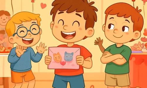 Quatre enfants se trouvent dans une salle des fêtes décorée pour la Saint-Valentin. Maxime, au centre, sourit en tenant une enveloppe rose. Léo, à gauche, rit et fait des gestes amusants. Tom, à droite, a un air malicieux avec les bras croisés. Sami, derrière, est prêt à danser. La salle est ornée de ballons et de guirlandes en forme de cœurs, et les enfants préparent une surprise pour Madame Lila et Monsieur Pichon, dansant joyeusement et affichant des expressions de bonheur. D'autres enfants les regardent avec admiration.