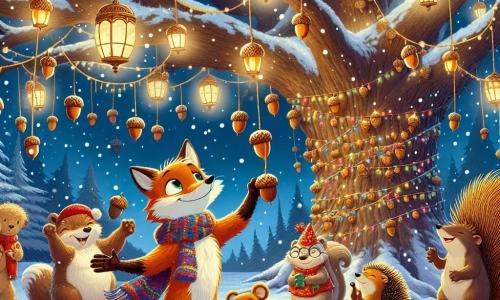 Un jeune renard nommé Félix, aux poils roux et aux yeux curieux, se tient joyeusement au centre d'une clairière enneigée, entouré de guirlandes de glands et de lanternes scintillantes, prêt à célébrer le Nouvel An. À sa droite, Madame Noisette, une dame écureuil au pelage brun et à l'écharpe colorée, ajuste une guirlande de glands. À sa gauche, Henri le hérisson, avec ses piquants dorés et un chapeau de fête, danse avec enthousiasme. La scène se déroule sous un vieux chêne majestueux, illuminé par des lanternes, tandis que des flocons de neige tombent, créant une ambiance féerique. Félix et ses amis se rassemblent autour du chêne, prêts à célébrer la nouvelle année avec des rires et des danses.