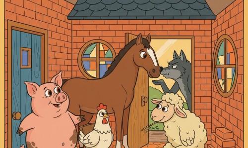 Gaston, un cochon rose dodu au regard fier et quelques taches de boue sur les pattes, pose une patte sur la poignée d'une porte en bois bleu pour montrer la maison ; à l'intérieur ses amis — une poule blanche au plumage duveteux perchée sur une chaise près d'une fenêtre ronde, un mouton crème souriant tenant un brin de paille assis sur un coffre à outils à côté d'une pile de briques, et un grand cheval brun stylisé appuyé contre le mur tenant une planche — sont réunis, protégés et unis, tandis qu'à l'extérieur on voit par la porte vitrée et la fenêtre un loup gris foncé anguleux soufflant contre la porte ; la maison est en briques rouges avec toit d'ardoise, carreaux colorés aux fenêtres, outils et briques empilés, sol en tomettes orangées, ambiance chaleureuse aux couleurs chaudes ponctuées de bleus et de gris pour le loup.