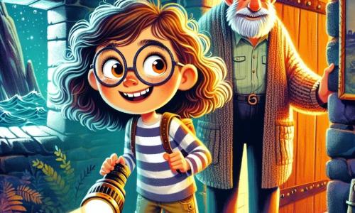 Émilie, une fille de 10 ans aux cheveux châtains bouclés et aux yeux curieux, se tient devant une porte en bois sombre, son visage illuminé par l'excitation et un peu d'appréhension. Elle porte un t-shirt rayé et un short, tenant une lampe de poche dans sa main tremblante. À ses côtés, son grand-père Maurice, âgé d'environ 70 ans, avec une barbe grisonnante et des lunettes rondes, regarde la porte avec un sourire complice, les mains dans les poches de son vieux gilet en laine. Le couloir mystérieux aux murs en pierre rugueuse est éclairé par une lumière tamisée filtrant à travers des fissures, avec des tableaux poussiéreux représentant des paysages marins et des pirates. Émilie, pleine d'audace, est prête à pousser la porte secrète pour une aventure inoubliable, encouragée par le regard bienveillant de son grand-père.