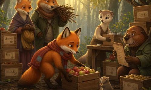 Léo, un jeune renard roux au pelage doux portant une écharpe rapiécée rouge, pose délicatement une caisse de pommes ; derrière lui la mère renarde, fine et calme, aux yeux fatigués mais sereins tient un petit sac et le regarde avec fierté, le père, trapu et solide, porte un fagot de bois sur l'épaule et se tient prêt à aider ; une belette vive au pelage crème range des boîtes sur une table en bois, un vieux castor roux aux moustaches humides supervise la distribution avec une liste en écorce assis près de caisses étiquetées, et un petit campagnol timide, yeux ronds pleins de gratitude, se tient au ras du sol devant la caisse ; la clairière sous un grand auvent tressé est jonchée de caisses étiquetées « légumes », « fruits », « céréales », le sol boueux présente des flaques et des rayons de lumière pâle filtrent à travers les arbres mouillés, formant une banque alimentaire communautaire empreinte de solidarité et d'espoir.