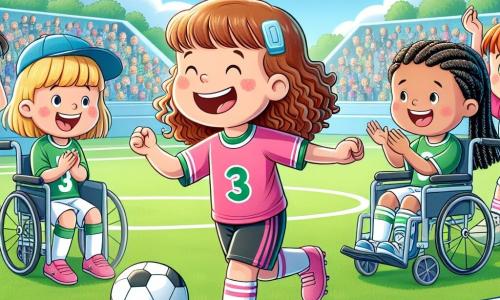 Au centre de l'image, Lisa, une fille de huit ans aux cheveux bouclés et bruns, dribble un ballon de football avec un grand sourire, portant un maillot rose et un short noir. À sa droite, Emma, une fille de neuf ans en fauteuil roulant avec des cheveux blonds et une casquette bleue, lève les bras en signe d'encouragement. À gauche, Clémence, huit ans avec des tresses noires et un maillot vert, applaudit avec enthousiasme. Nina, sept ans aux cheveux courts et roux, court vers Lisa pour recevoir une passe. Le terrain de football est verdoyant, entouré de barrières blanches et de spectateurs. En arrière-plan, le ciel est bleu avec quelques nuages et des arbres ajoutent une touche de nature. Lisa passe le ballon à Emma, prête à marquer, tandis que leurs amies les encouragent, illustrant l'esprit d'équipe et l'amitié.