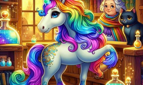 Au centre de l'image, une licorne colorée avec une crinière arc-en-ciel exprime détermination et curiosité, prête pour une nouvelle aventure. À ses côtés, un chat noir nommé Minuit, aux yeux dorés, l'observe depuis un muret, affichant une posture confiante. En arrière-plan, Luminéa, une vieille femme de 70 ans, est assise derrière un comptoir en bois, entourée de fioles et de livres anciens. Elle sourit à la licorne tout en tenant une carte en parchemin. Le lieu, une boutique magique appelée "Antiquités et Enchantements", est rempli d'objets mystérieux et d'une lumière dorée. La scène montre la licorne prête à partir, encouragée par Minuit et conseillée par Luminéa, créant une atmosphère dynamique et magique.