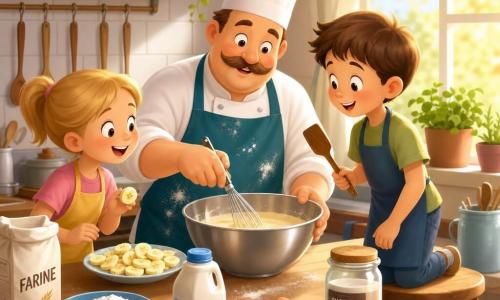 Le chef Pierre, souriant et bienveillant, visage rond et moustache, toque blanche haute et tablier bleu pétrole tâché, mélange une pâte à crêpes dans un grand bol métallique sur un plan de travail en bois; à sa droite, Lucas, 8 ans, cheveux bruns courts, debout sur un tabouret, tient une spatule et regarde le bol; à sa gauche, Lily, 7 ans, cheveux blonds en couette, tient des rondelles de banane près d'une petite assiette; la cuisine lumineuse, carreaux blancs, plantes sur le rebord, étagères avec bocaux colorés et cuillères suspendues, grande fenêtre laissant entrer une lumière dorée; scène : atelier de crêpes joyeux où le chef montre aux enfants les gestes, avec farine, œufs, lait, bananes et chocolat posés sur le plan de travail, ambiance chaleureuse et conviviale.