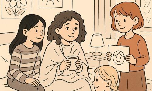 Dans une chambre chaleureuse et lumineuse, quatre enfants sont présents : Lina, presque 12 ans, avec des cheveux bruns bouclés, est assise sur un lit avec une tasse de chocolat chaud. Maya, 12 ans, avec des cheveux noirs lisses, porte un pull à rayures et sourit à Lina depuis le bord du lit. Inès, 11 ans et demi, avec des cheveux blonds en tresse, est accroupie près du lit avec un feutre coloré. Nora, presque 12 ans, aux cheveux roux courts, est debout tenant un dessin. La chambre est décorée de posters colorés, une lampe douce, et un tapis moelleux. Des coussins sont éparpillés, et la pluie tombe doucement dehors. Lina, légèrement fiévreuse, est entourée de ses amies qui la réconfortent et l'aident à préparer des messages pour la 