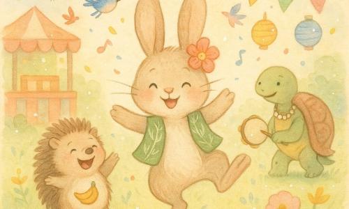 Petit lapin Léo au visage rond et oreilles longues, portant un gilet de feuilles vertes et une fleur en papier, saute joyeusement au centre d'un carnaval champêtre; autour de lui, le hérisson Hugo, souriant avec une banane peinte sur le ventre à gauche, et Madame Tortue à carapace brune et collier de perles frappe un tambourin à droite, tandis que des oiseaux colorés voltigent et se posent sur une guirlande, des stands en bois, lanternes multicolores et confettis parsèment la prairie fleurie.