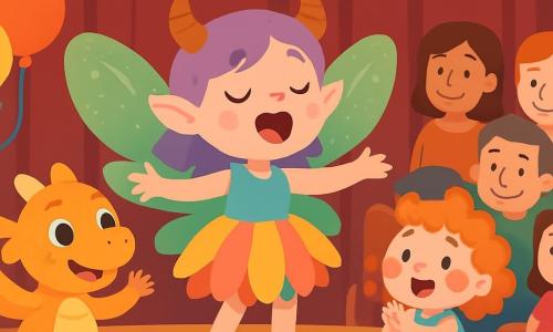 Lila, une petite fée aux ailes vertes et aux cornes douces, se tient sur une scène en bois, souriante et excitée. Elle porte une robe de pétales de fleurs colorées et chante avec confiance, les bras ouverts vers le public. À côté d'elle, Tom, un petit dragon aux écailles dorées, danse joyeusement, tandis que Zoé, une créature aux taches roses et aux cheveux bouclés, applaudit avec enthousiasme. La scène est décorée de guirlandes lumineuses et de ballons colorés, avec des parents et amis souriants et attentifs. Lila chante entourée de ses amis, partageant un moment magique de joie.