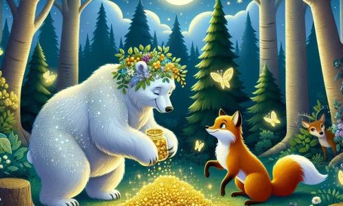 Dans une clairière enchantée, une ourse nommée Luna, au pelage blanc éclatant, se tient au centre, souriante. Ses grands yeux expriment la joie alors qu'elle récolte des baies dorées sous la lumière de la lune. À ses côtés, Léo le renard, avec son pelage roux, observe avec gratitude, impatient de partager cette abondance. La clairière est entourée d'arbres majestueux et de lucioles dansant dans l'air, tandis que des fleurs colorées ajoutent de la gaieté. Luna cueille des baies dorées, entourée d'animaux de la forêt célébrant l'entraide et la solidarité sous le ciel étoilé.