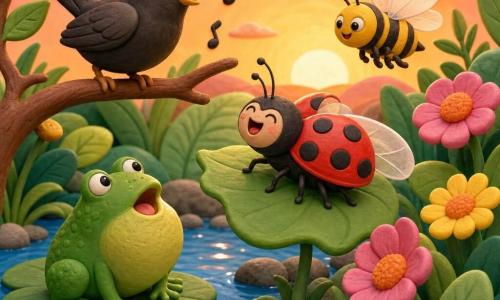 Lili la coccinelle, carapace rouge à six points noirs, dirige sur un grand pétale en chantant; Grenouillette la grenouille, ronde et verte, est assise sur un nénuphar et fait « croa »; Merlou le merle, plumage brun-noir, est perché sur une branche et trille; Abeillou l’abeille, rayé jaune et noir, vole en faisant « bzz » entre des fleurs; le jardin, façon pâte à modeler, montre feuilles, fleurs texturées, eau brillante et petites pierres sous une lumière douce de fin d’après-midi; les quatre amis forment une chorale joyeuse et tendre.